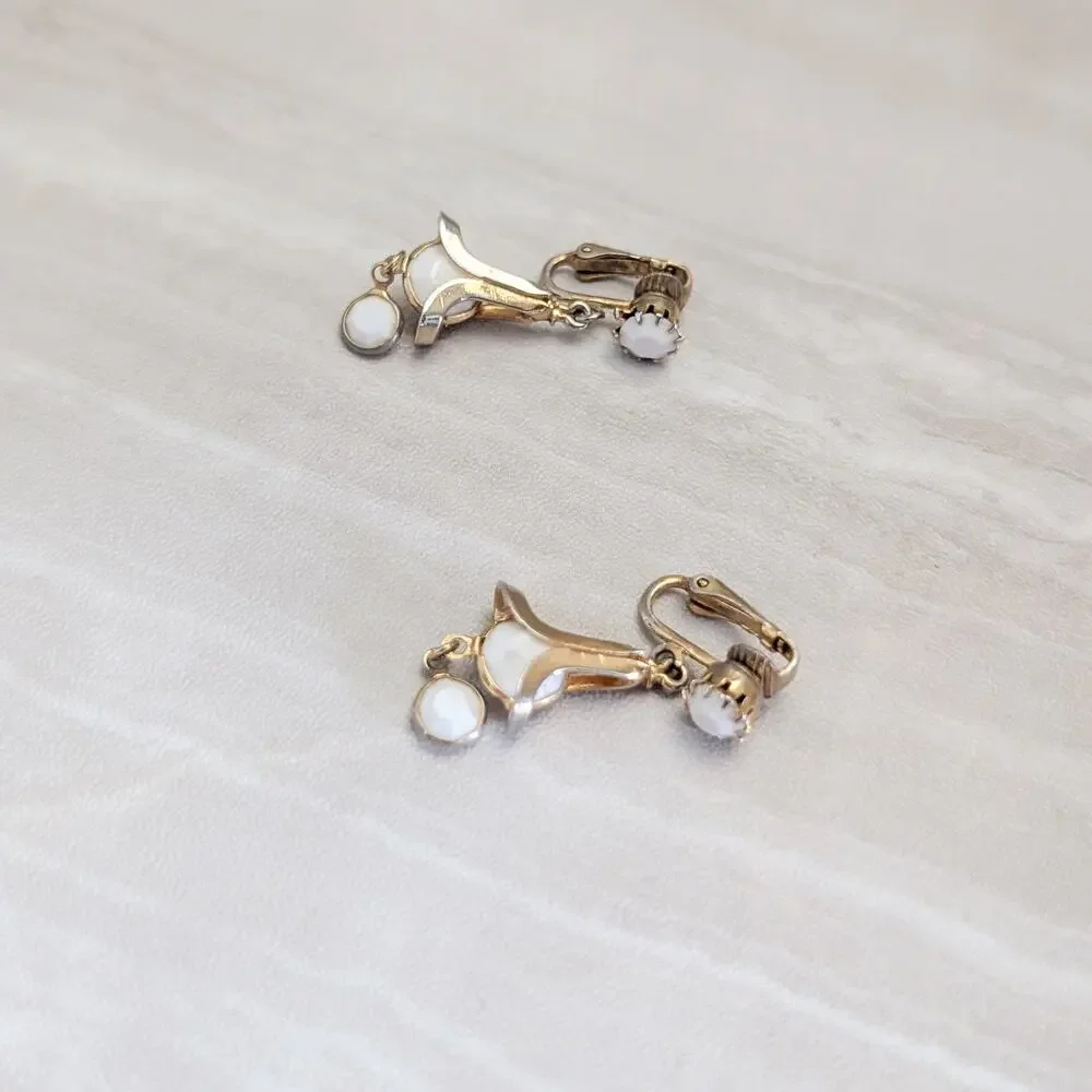 Vintage Clip On Earrings Gold Tone & White Stylish Dangle Drop Earrings
